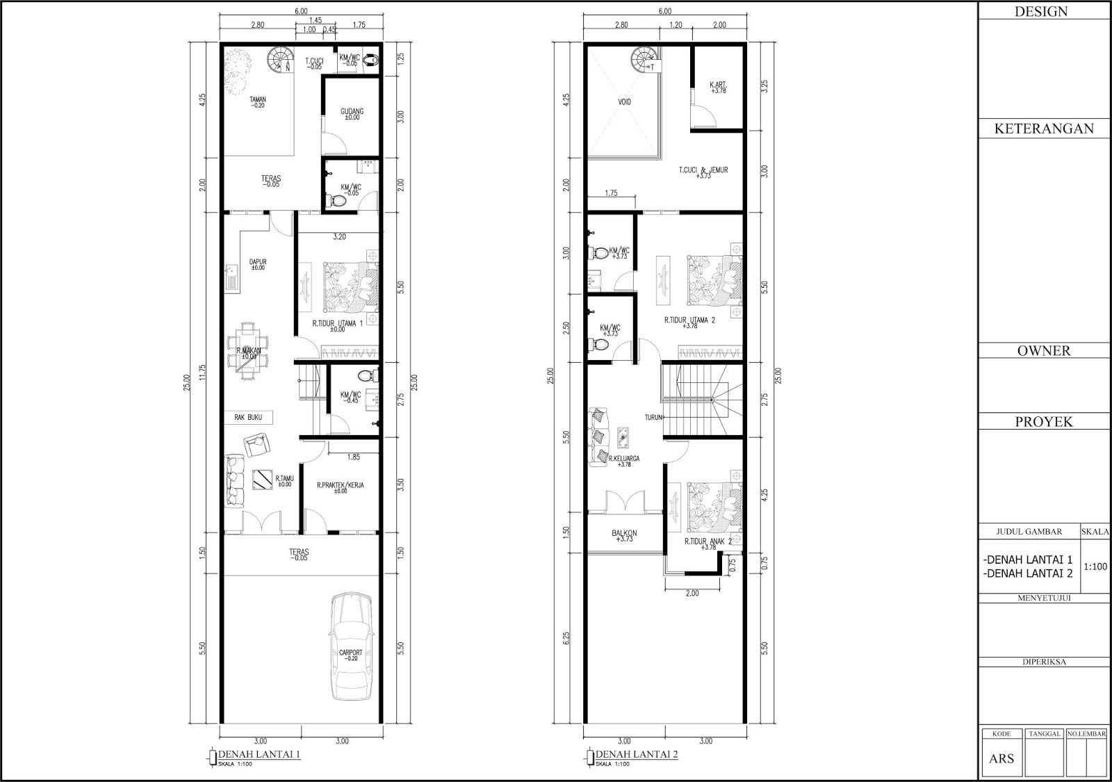 Inspirasi Denah Rumah 6X25 Ada Ruang Praktek Usaha Di Depan 2 Lantai