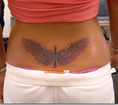 angel wing cross lower back tattoo design