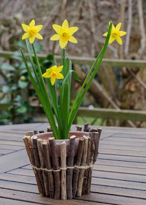 A terracotta flowerpot with twigs glues onto it