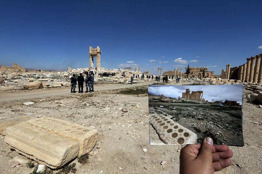Shocking Pictures Illustrating Syrian Historical Monuments Destroyed By Daesh attacks - Security officials at the Temple of Bel