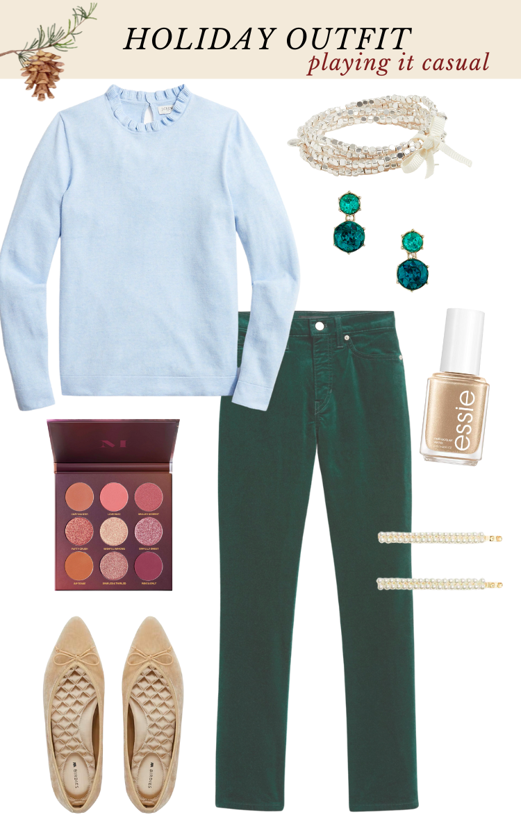 casual holiday outfit with baby blue sweater, green velvet jeans, suede pointy toe flats, and pearl jewellry
