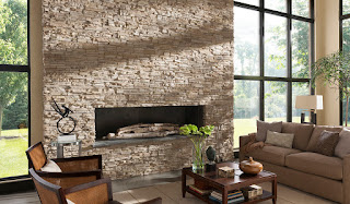 wondrous stoned fireplace with brown seating area interiors plus glass wall also white lamp idea