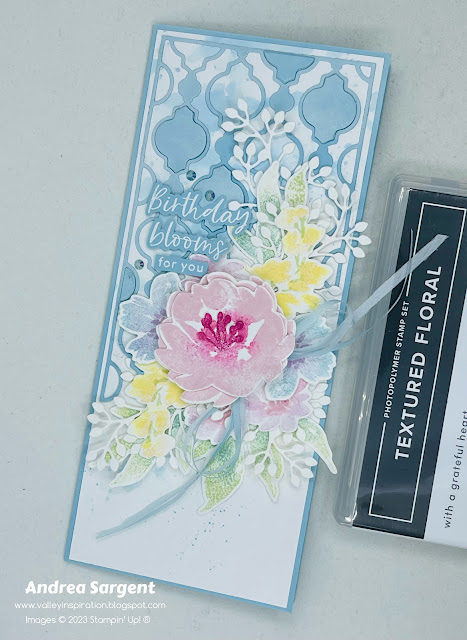 Say Happy Birthday with a personally created slimline card using Balmy Blue and other subtle colours with Stampin’ Up!s Textured Florals and Slim Card dies.