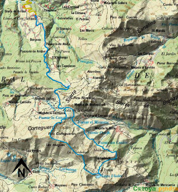 Mapa de la ruta al Pico Corteguerón y al Lago Ubales desde el concejo asturiano de Caso.