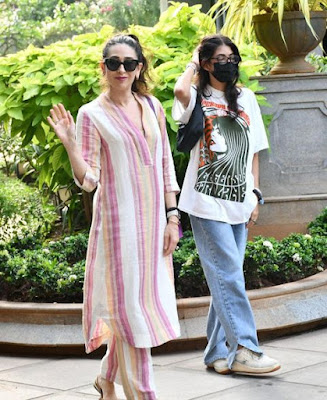 Karisma Kapoor along with daughter Samira snapped outside Randhir Kapoor’s house for Babita Kapoor’s birthday bash!