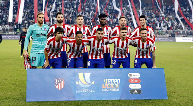 CLUB ATLÉTICO DE MADRID. Temporada 2019-20. Oblak, Felipe, José María Giménez, Thomas, Héctor Herrera, Álvaro Morata. Joao Félix, Lodi, Ángel Correa, Trippier y Saúl. REAL MADRID C. F. 0 CLUB ATLÉTICO DE MADRID 0. En los penaltis: REAL MADRID 4 ATLÉTICO DE MADRID 1. 12/01/2020. Supercopa de España, final. Yeda, Arabia Saudí, estadio King Abdullah (59.053 espectadores). GOLES: No hubo. PENALTIS: 1-0: Carvajal, gol. 1-0: Sául, falla. 2-0: Rodrygo, gol. 2-0: Thomas, falla. 3-0: Modric, gol. 3-1: Trippier, gol. 4-1: Sergio Ramos, gol.