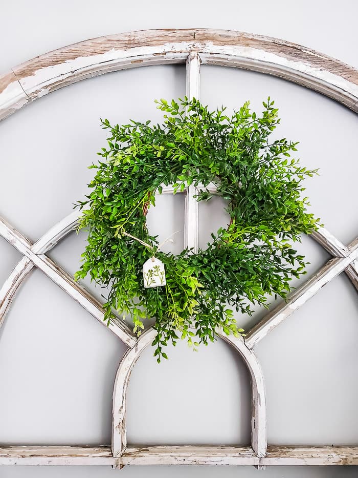 antique window, greenery wreath, botanical tag
