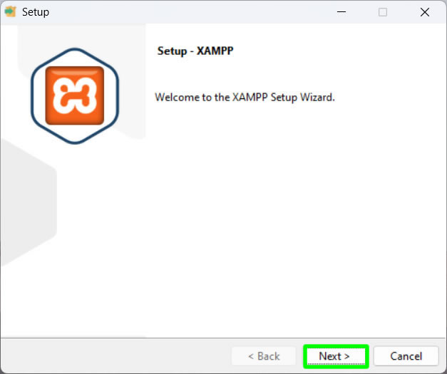 welcome to xampp setup wizard witn next button