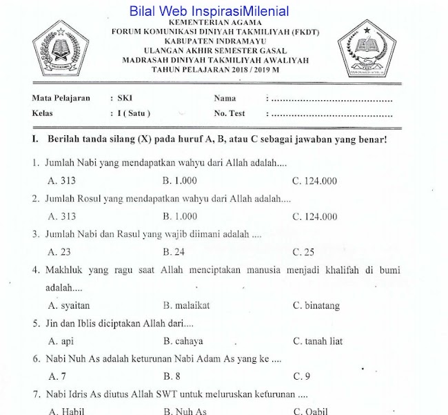 Download Soal UKK Madrasah Diniyah Takmiliyah Awaliyah (MDTA) Mapel SKI Kelas 1 Tahun 2018-2019 M