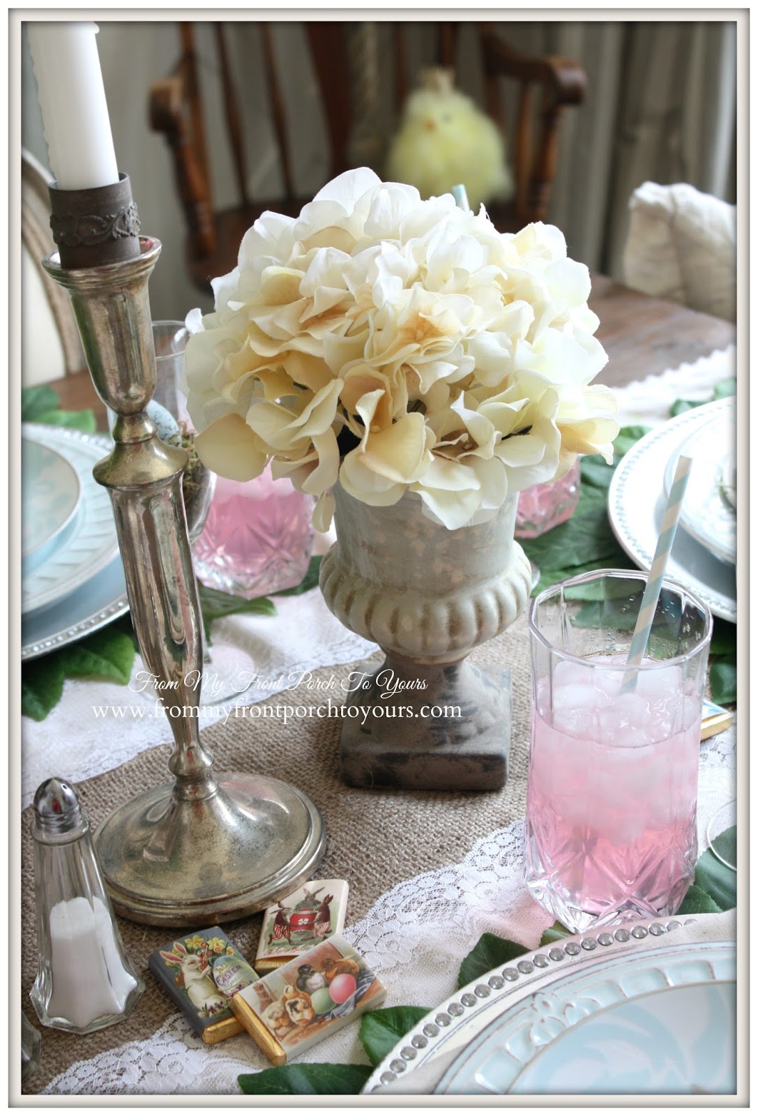 French Farmhouse Easter Dining Room-Hydrangea Floral Urn- From My Front Porch To Yours