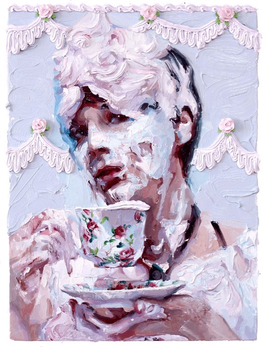 Ivan Alifan pinturas retratos homens mulheres cobertas creme branco e sobremesas comida fetiche sexualidade