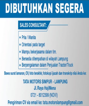 Lowongan Kerja SALES CONSULTANT Lampung