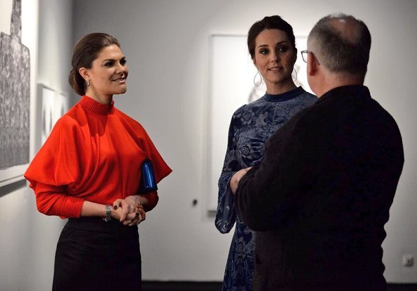 Kate Middleton wore ERDEM Christina Devore Velvet Midi Dress. The Duchess wore a black coat by well known Swedish designer Ida Sjöstedt. Crown Princess Victoria