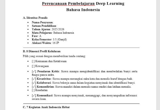 Download Modul Ajar Perencanaan Pembelajaran Deep Learning Kelas 1 SD Fase A