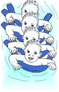 Image of children swimming with noodles in line behind each other holding on to the noodle of the child in front of them. Games for swimming lessons are fun