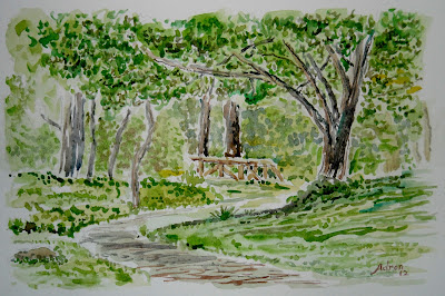 A watercolor of a path in the woods.