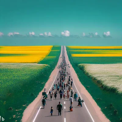 Longa estrada entre campos verdes com flores amarelas e brancas, pessoas indo e vindo. no horizonte, um céu azul. Ilustração gerada por IA do Criador de Imagens do Bing. #PraCegoVer