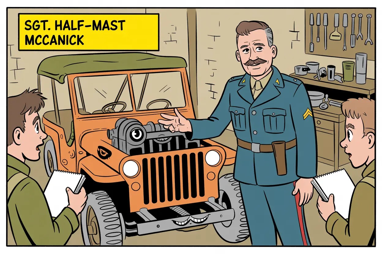 Comic panel showing the character Sgt. Half-Mast McCanick teaching soldiers maintenance on a jeep with a face, in the style of PS Magazine.