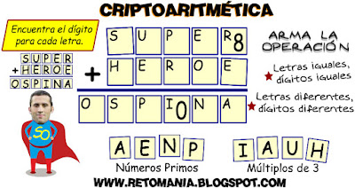 Criptoaritmética, Criptosumas, Alfaméticas, Problemas alfaméticos, Problemas matemáticos, Desafíos matemáticos, Retos matemáticos, Descubre los números, Juego de letras