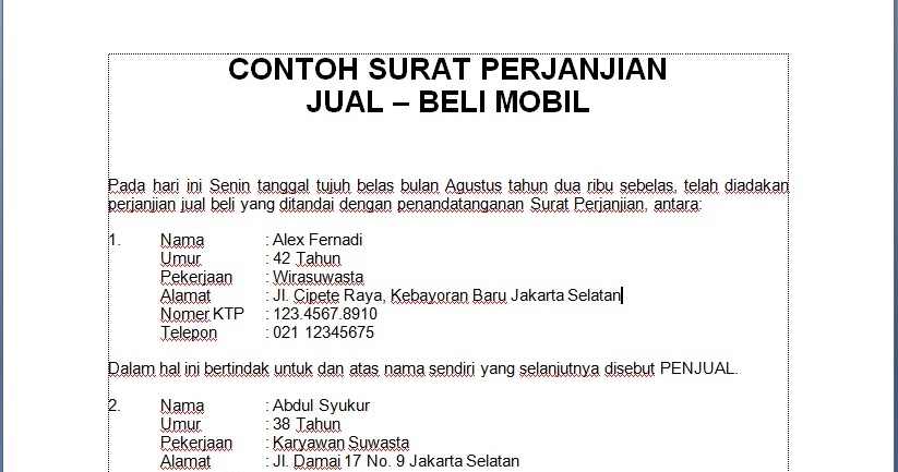 Contoh Format Surat Jual Beli Mobil Contoh Surat