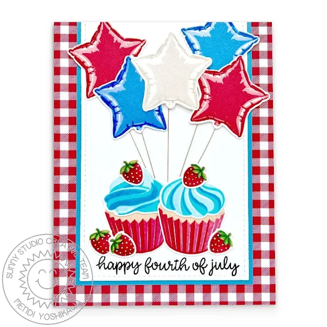 Sunny Studio Red, White & Blue Star Balloons & Cupcakes Gingham Fourth of July Card (using Scrumptious Cupcakes, Bold Balloons & Happy Thoughts Stamps, Joyful Holiday Paper & Slimline Scalloped Border Dies)