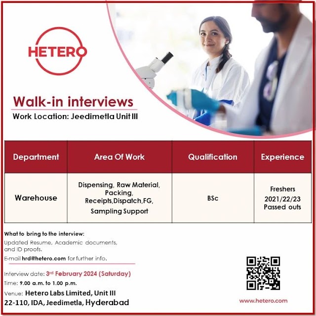 Hetero Labs | Walk-in interview for Freshers on 3rd Feb 2024