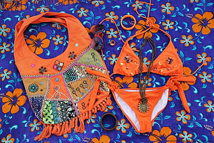 orange bikini styled outfit fashion flatlay