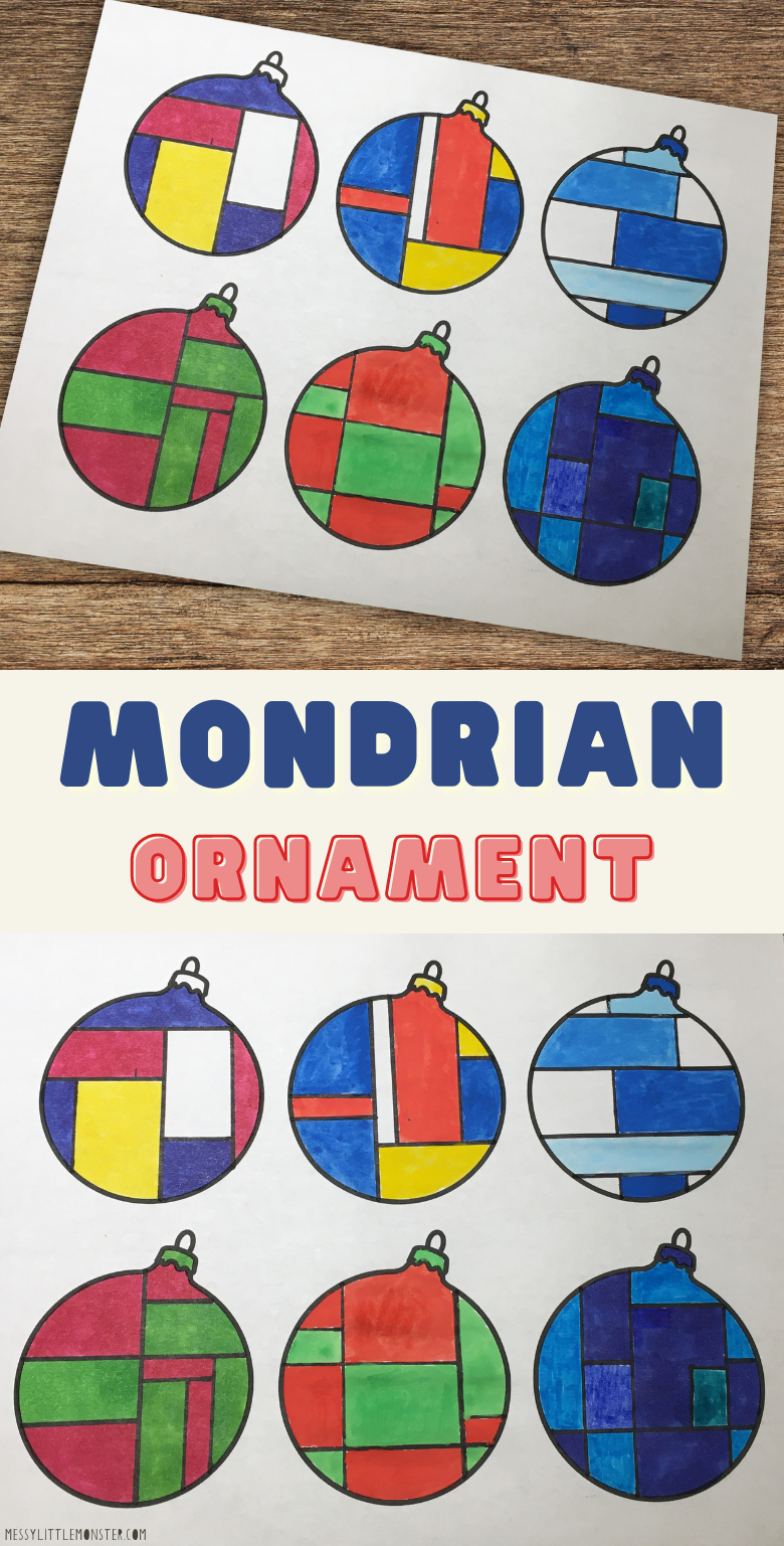Mondrian ornament craft for kids with printable ornament template