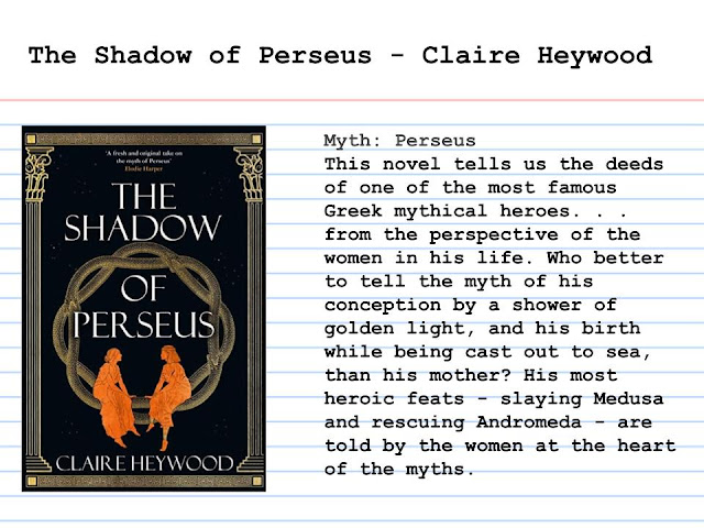 An Index card with the title: The Shadow of Perseus - Claire Heywood. On the left is an image of a book. The book is black with two women's silhouettes in terracotta shades facing each other in a golden wreath of snakes. In white writing is the title of the book THE SHADOW OF PERSEUS. To the right of the index card is the writing: Myth: Perseus  This novel tells us the deeds of one of the most famous Greek mythical heroes. . . from the perspective of the women in his life. Who better to tell the myth of his conception by a shower of golden light, and his birth while being cast out to sea, than his mother? His most heroic feats - slaying Medusa and rescuing Andromeda - are told by the women at the heart of the myths.