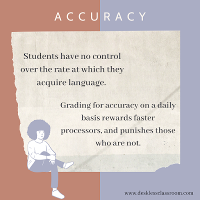 Text reads: Students have no control over the rate at which they acquire language. Grading for accuracy on a daily basis rewards faster processors and punishes those who are not. Image of a girl with an afro sitting and smiling on a terracotta and lavender background.