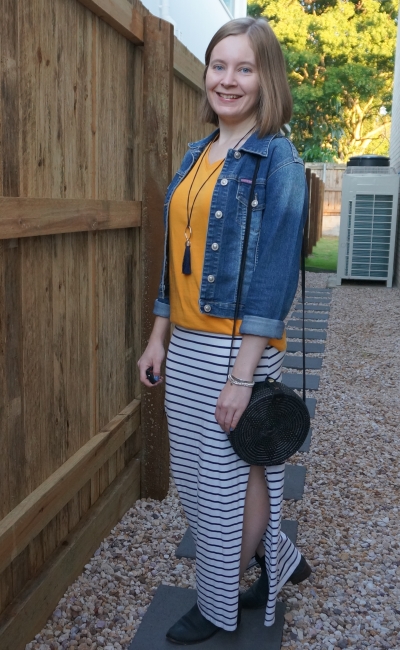 striped maxi skirt mustard v-neck tee, denim jacket, ankle boots and round rattan straw bag | away from blue