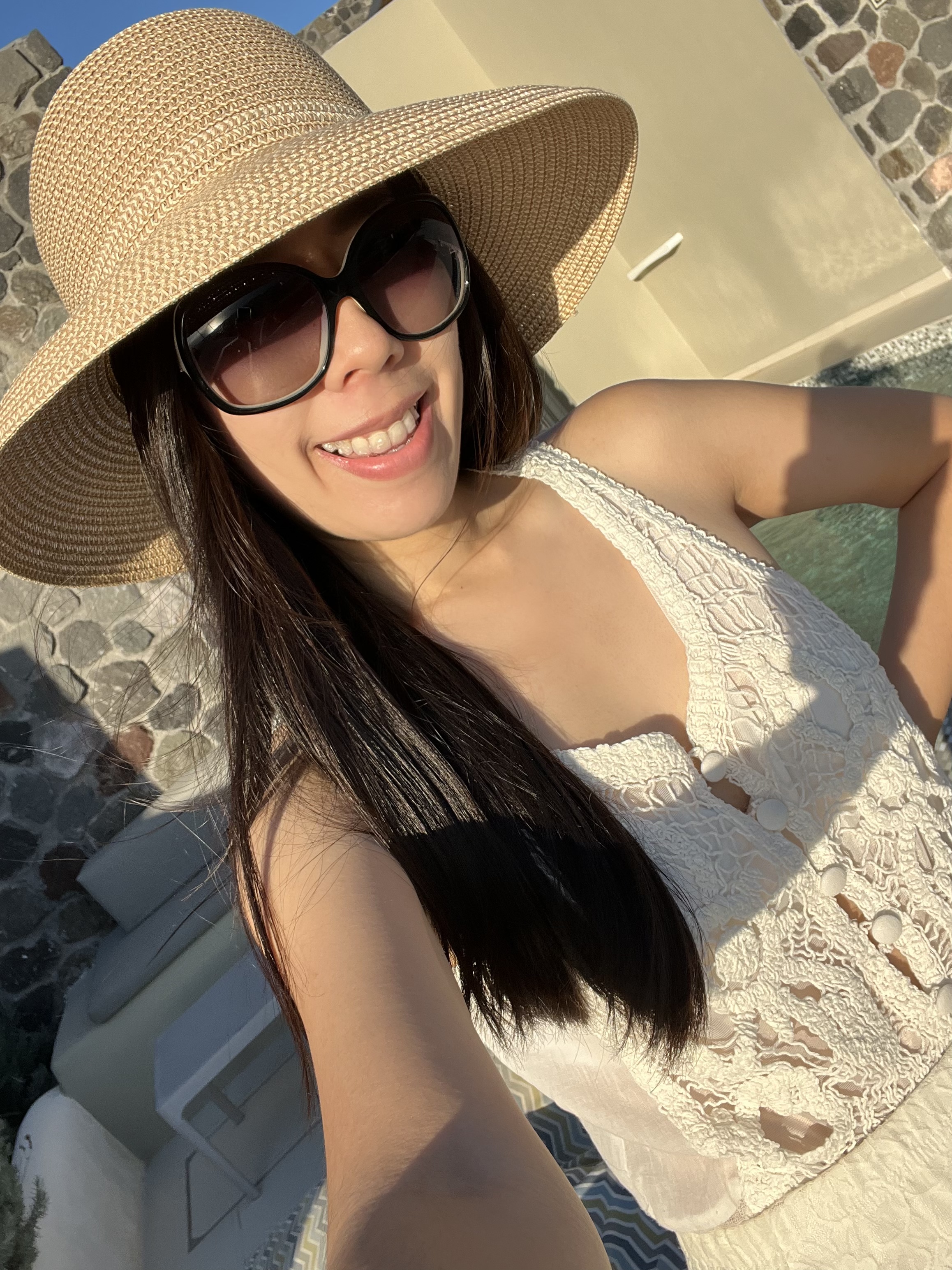 Adrienne Nguyen_Straw Hat and White Crochet Maxi Dress_Santorini Outfits_Vacation Look_Imerovigli, Santorini: Mardanza Exclusive Deluxe Private Villa with Pool and Sea View