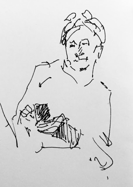 Pen and ink drawing of woman with bandanna looking at phone.