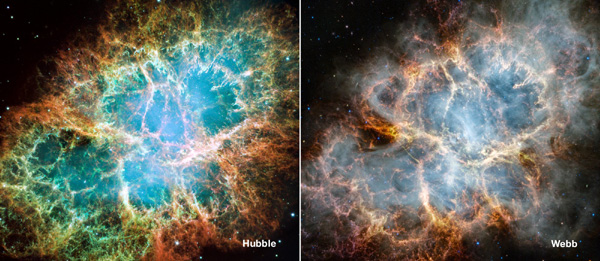 Images of the Crab Nebula that were taken by NASA's Hubble Space Telescope and James Webb Space Telescope, respectively.