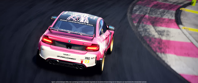 Picture from Assetto Corsa Competizione: a BMW M2 CS Racing in Queens' Design colours. It is pink with matte black and glossy white accents. On the sides is Victoire Laviolette, the team's mascot.