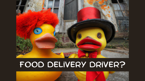 Ducks who are food delivery couriers looking surprised