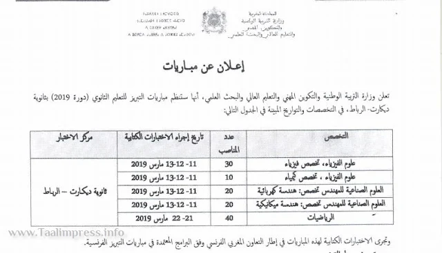 مباريات التبريز للتعليم الثانوي في المواد العلمية والتقنية-دورة 2019