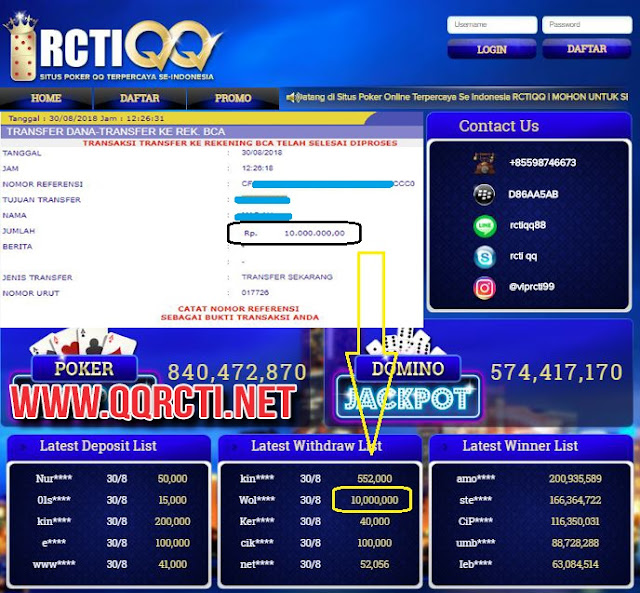 Selamat Kepada Member Setia RCTIQQ yang Memenangkan Jackpot Sebesar 10 Juta