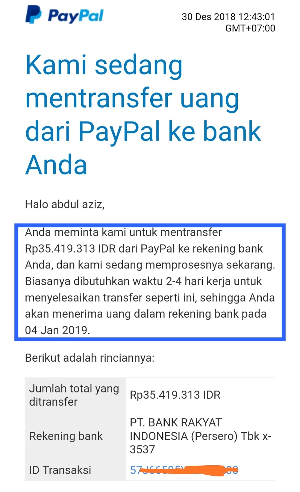 pemberitahuan proses tarik uang dari Paypal ke bank