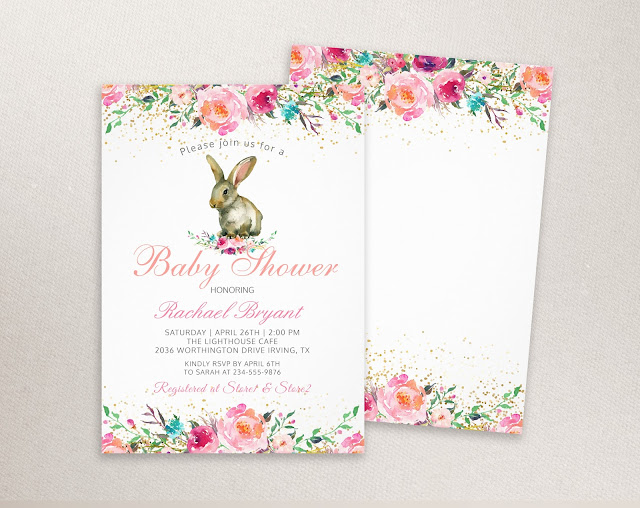  Elegant Pink Floral Gold Glitter Bunny Baby Shower Card