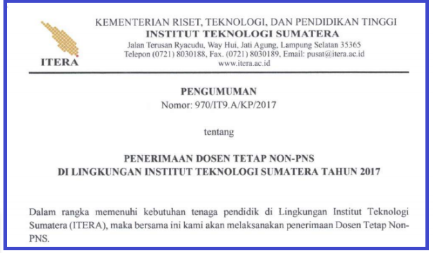 REKRUTMEN DOSEN TETAP NON PNS INSTITUT TEKNOLOGI SUMATERA (ITERA) PERIODE JUNI 2017