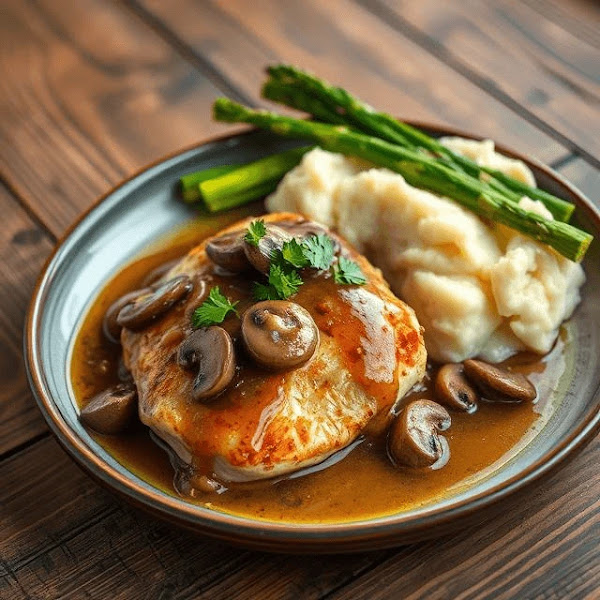 Elegant Chicken Marsala with Mushrooms and Mashed Potatoes A plated Chicken Marsala dish on a rustic wooden table, featuring golden-brown chicken covered in Marsala wine sauce with sautéed mushrooms, mashed potatoes, and roasted asparagus.