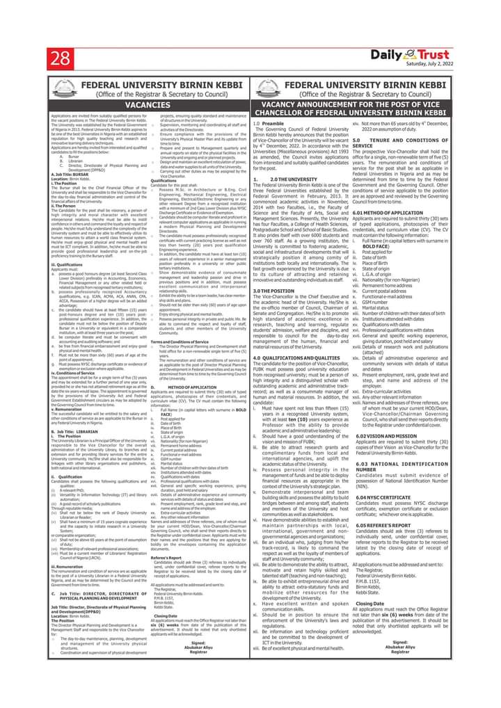 VACANCIES: Advertisement for the Posts of Vice Chancellor, Bursar, University Librarian and Director, Physical Planning and Development at Federal University Birnin Kebbi