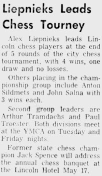 Alexander Liepnieks Leads Chess Tourney