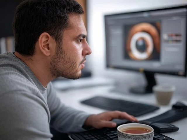A photographer in a grey sweater sits at a desk, editing an image on a computer using Adobe Lightroom. The screen displays a close-up of an eye, showcasing depth and style adjustments. A cup of tea in a patterned mug rests on the desk beside the keyboard, with photography equipment visible in the blurred background, creating a cozy studio atmosphere.