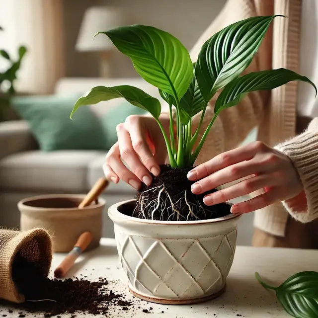 Hands propagating a healthy peace lily in a decorative pot.