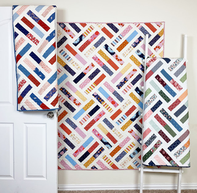 Wayward quilt pattern in various fabrics