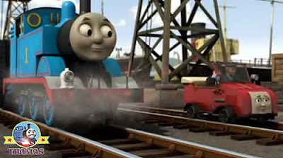 The Fat Controller sea docks Winston the red railcar next to Thomas the train and Cranky the crane