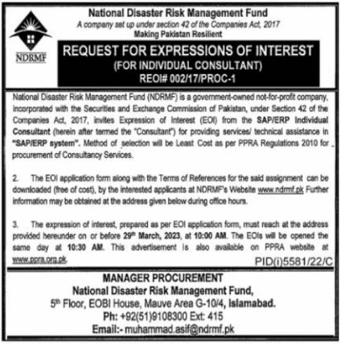 Latest National Disaster Risk Management Fund NDRMF Consultant Posts Islamabad 2023