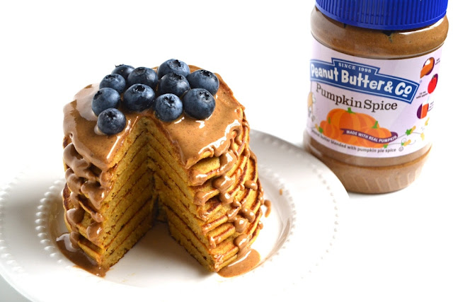 The perfect weekend breakfast has never been easier with these Pumpkin Spice Pancakes that are  made healthy with real pumpkin, Greek yogurt and pumpkin spice peanut butter! www.nutritionistreviews.com